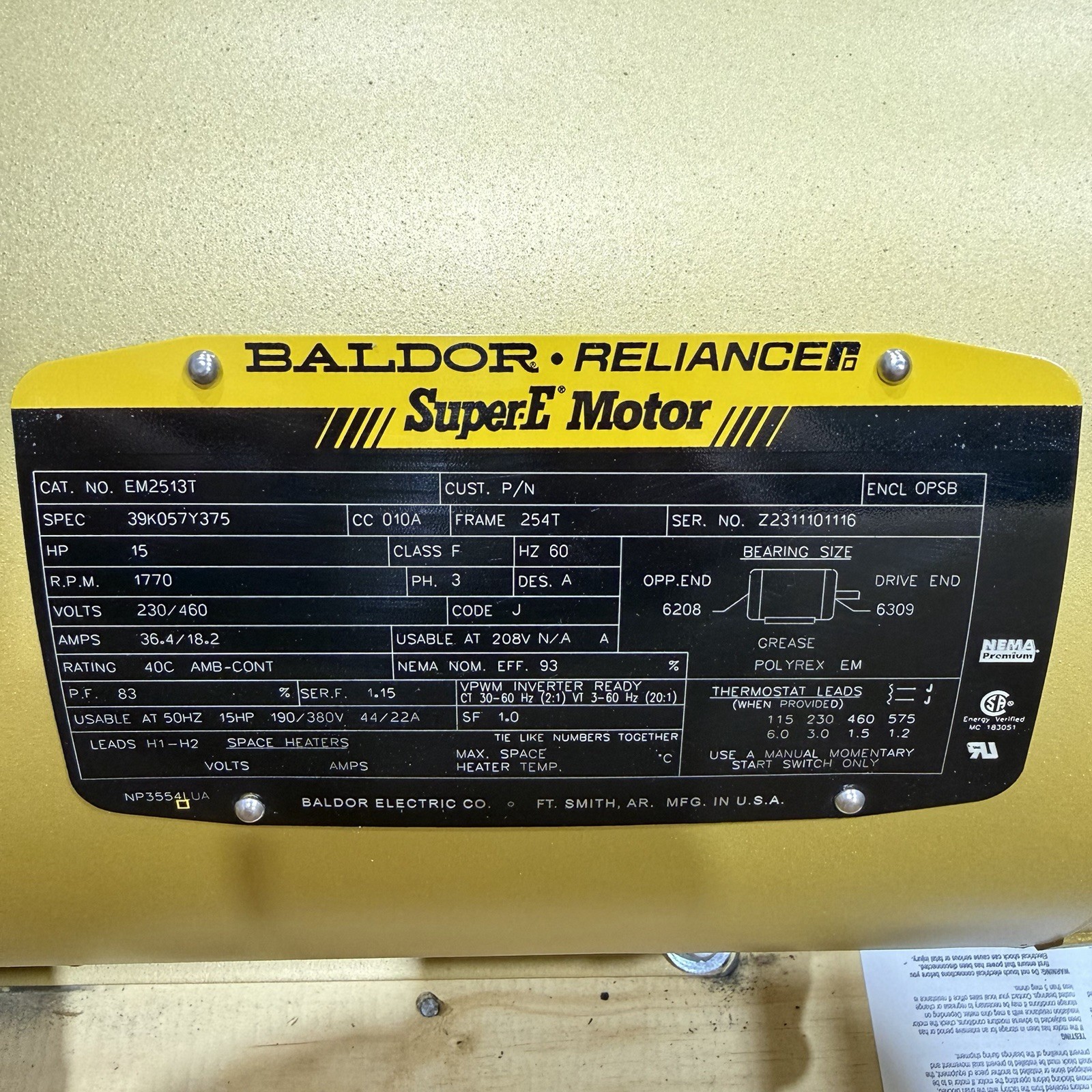 Baldor-Reliance EM2513T Three-Phase Ac Induction Motor, 15 Hp, 254T Frame,