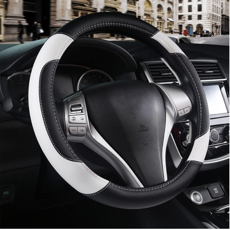 Leather Steering Wheel Cover Universal White Non-Slip Breathable Microfiber 38cm