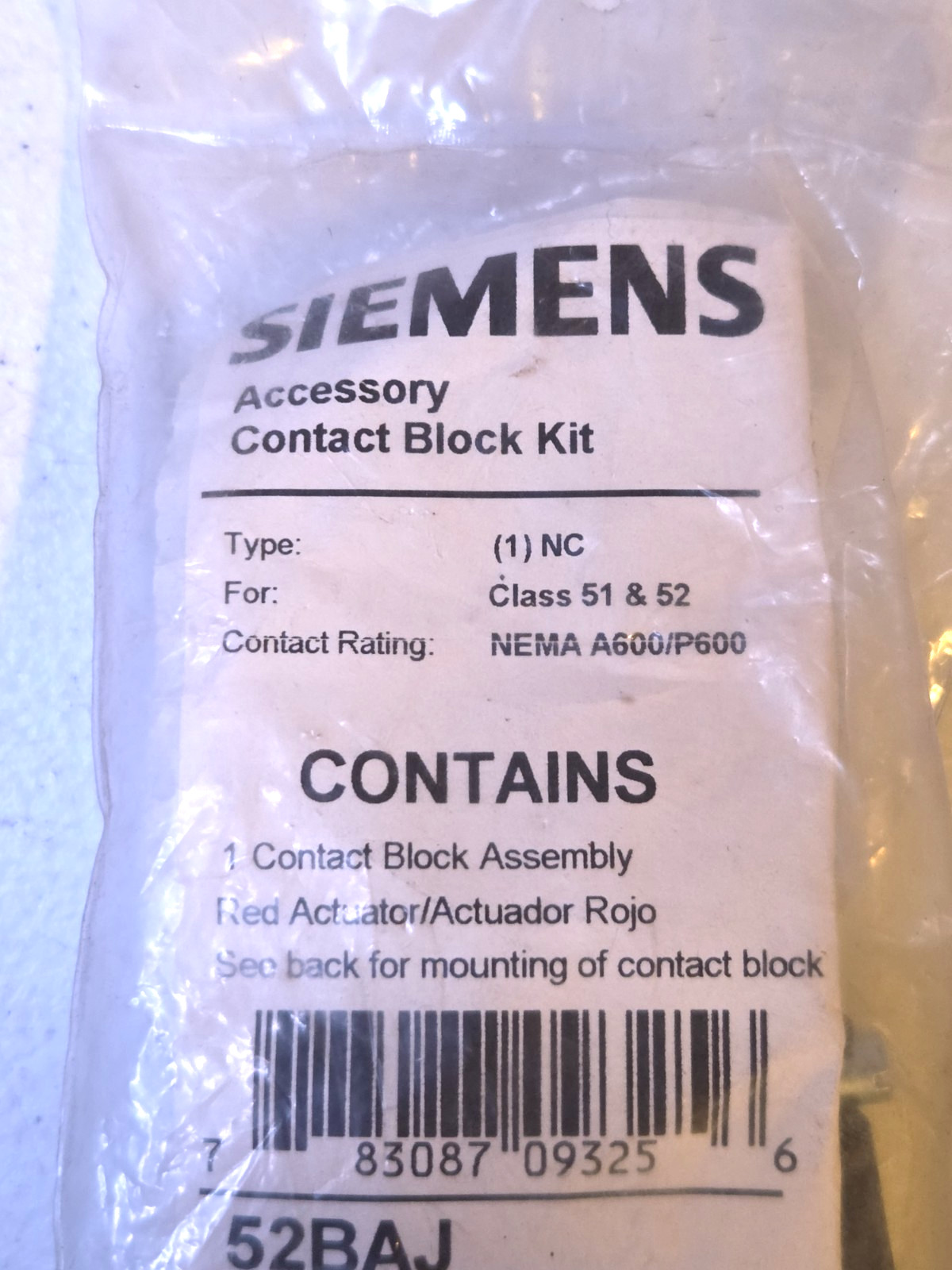NEW Siemens 52BAJ Contact Block Kit 1 NC For Class 51 & 52 NEMA A600/P600 NIP