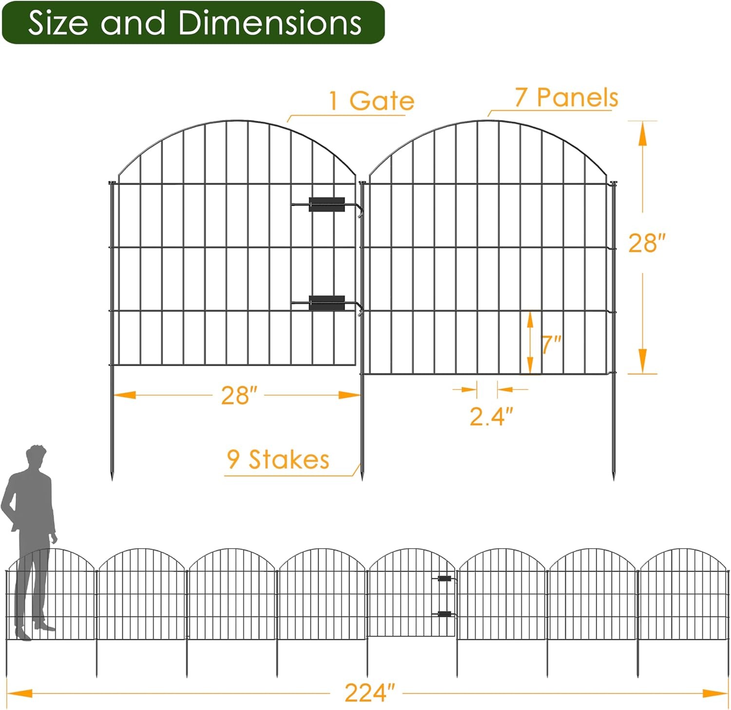 Metal Garden Fence with Gate 28in (H) x 18.7ft (L), 1 Select Size, Black