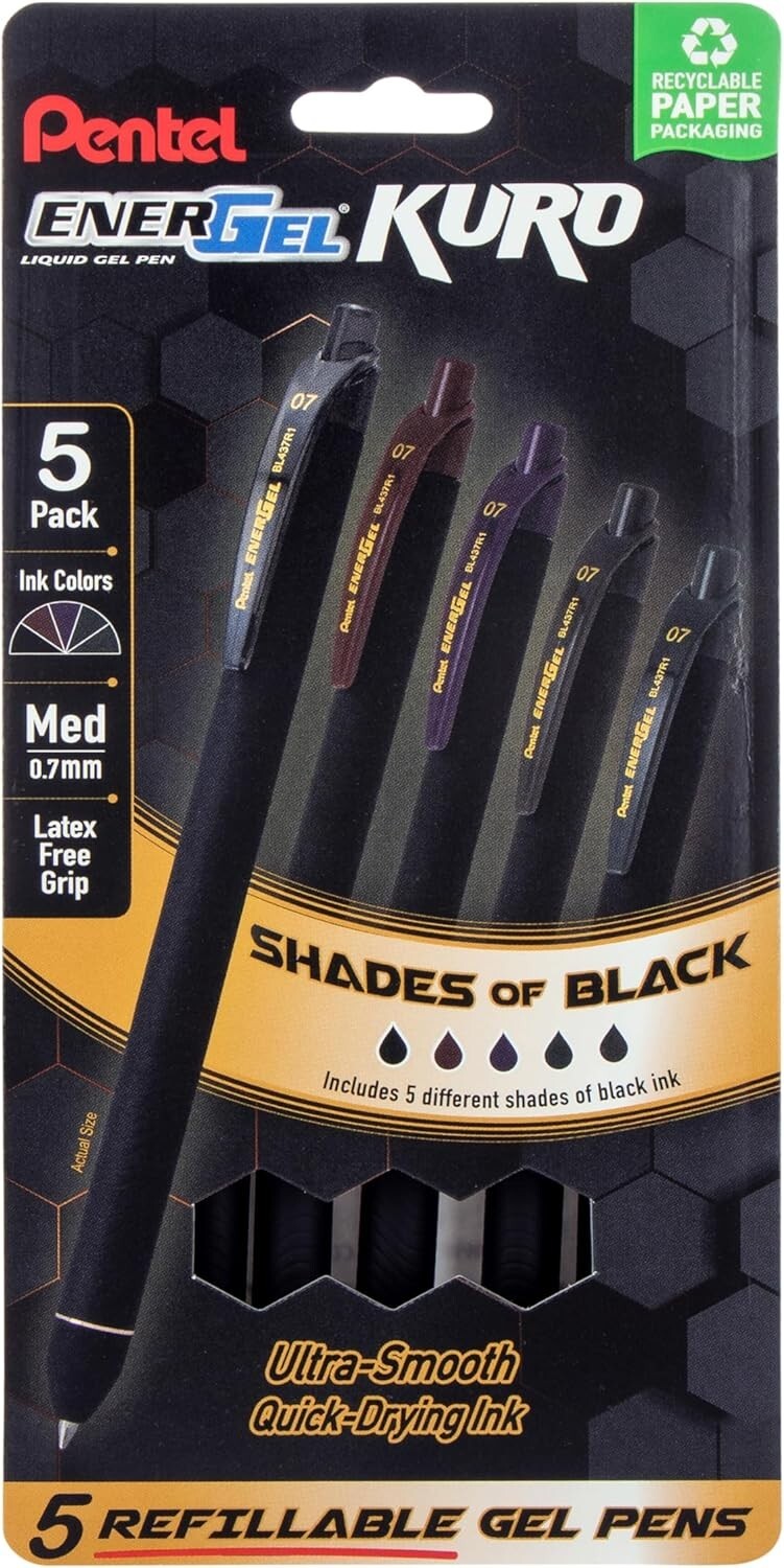 Pentel EnerGel Kuro Gel Pen, Shades of Black, 0.7mmtip, Assorted black ink,5pens