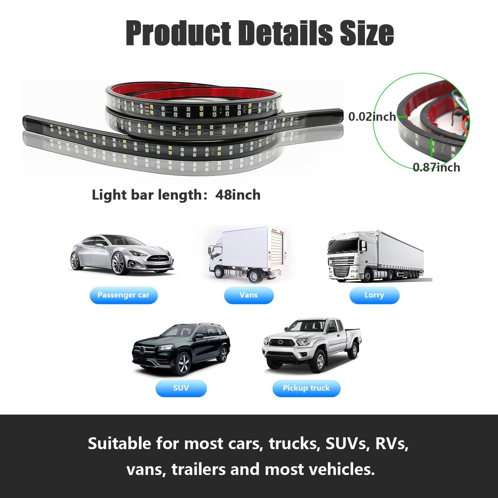 Kewucn Tailgate Light Bar 48″ LED, IP65 Double Row LED Strip with Red Running…
