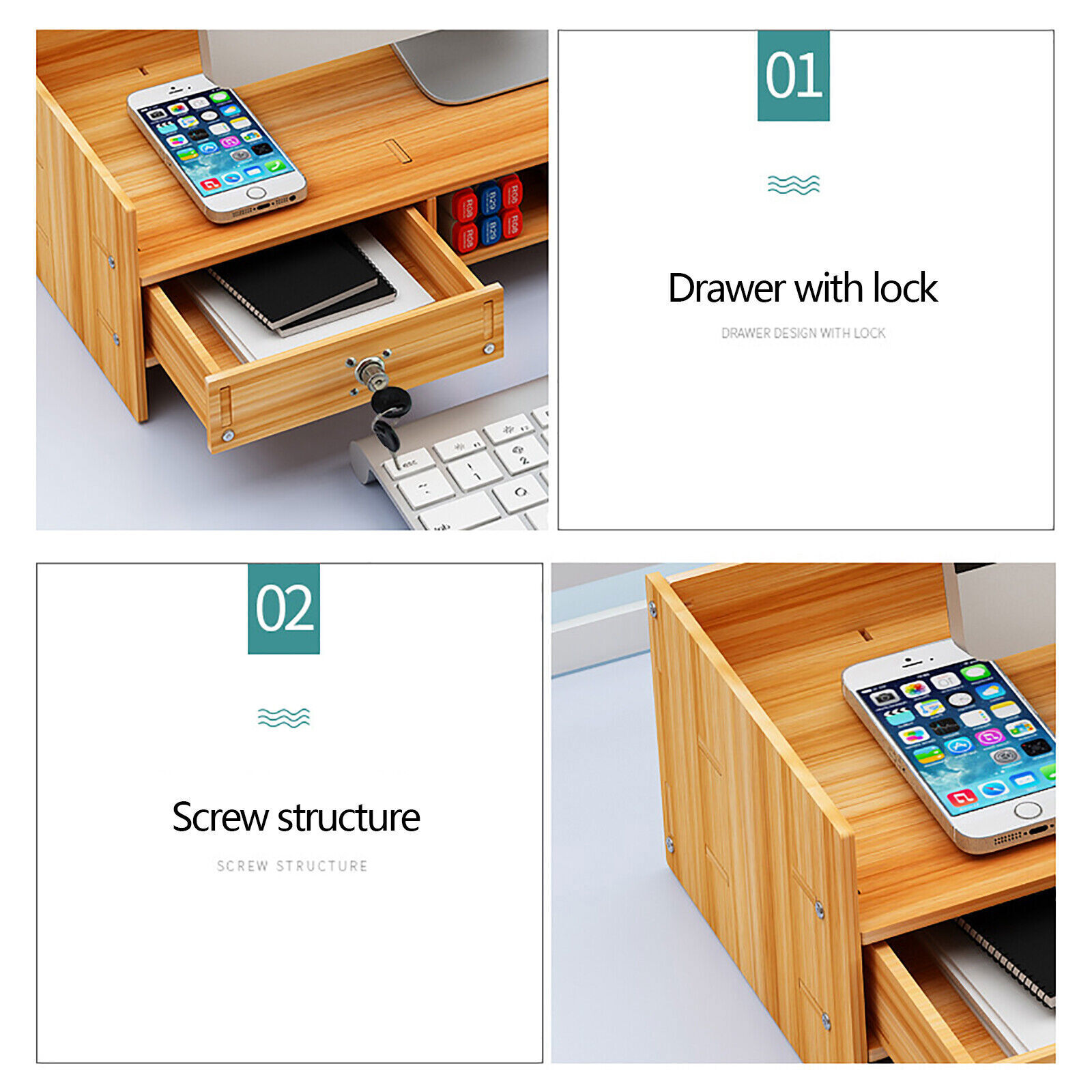 Wooden Desk Organizer with Drawers Office Supplies Computer Desktop Tabletop