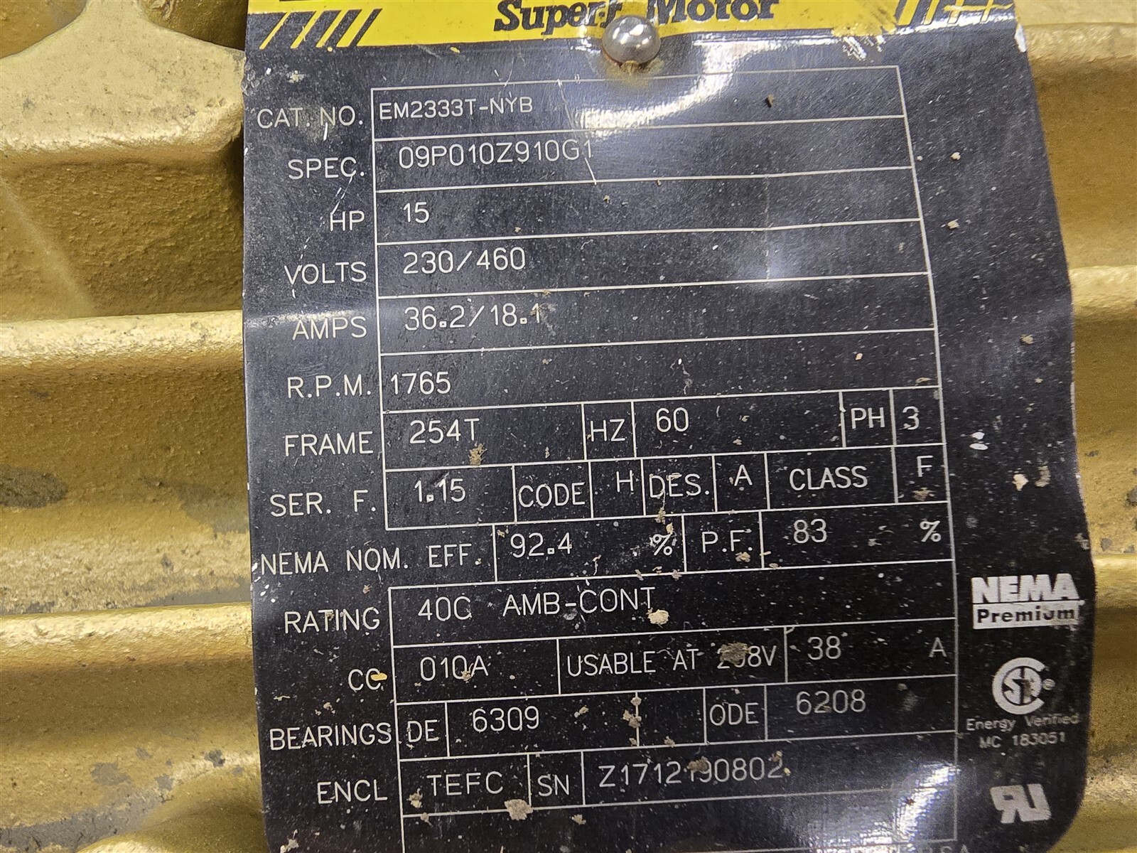 Baldor EM2333T-NYB 15HP AC Motor 1800RPM 4P 3PH 254T 230/460V TEFC 60Hz