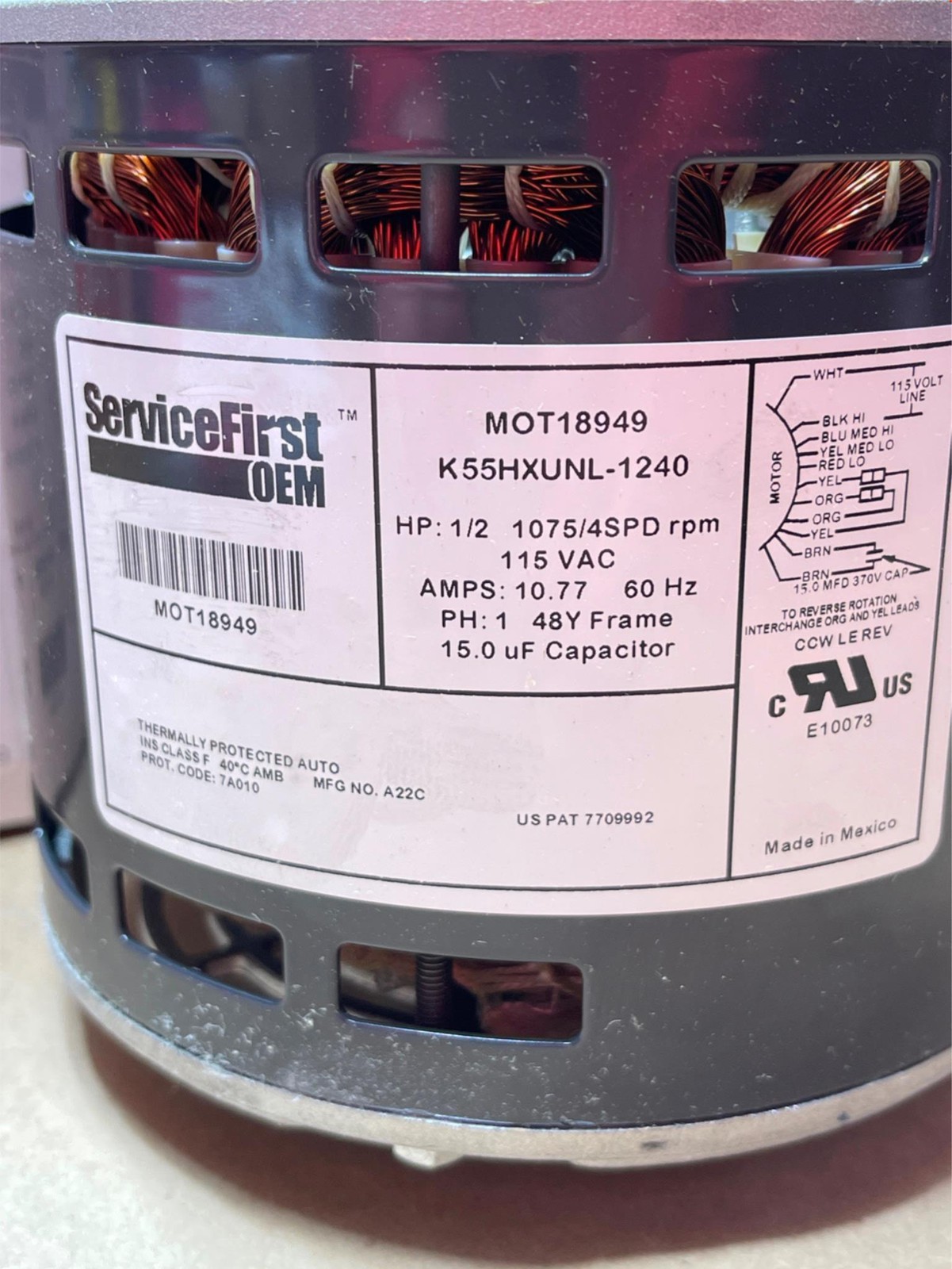 Trane MOT18949 Blower Motor 1/2HP 115V 120V 1PH 1075RPM 4Speed 48Y Frame