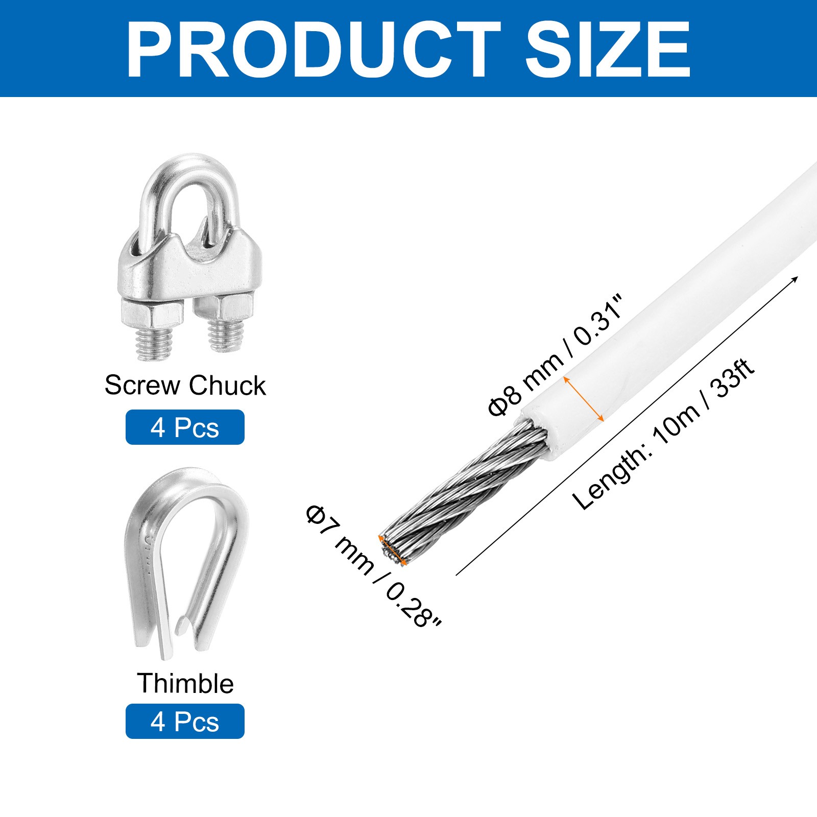 33Ft(10M) Wire Rope Stainless Steel Cable 5/16″ 4pcs Screw Chuck & Thimble White