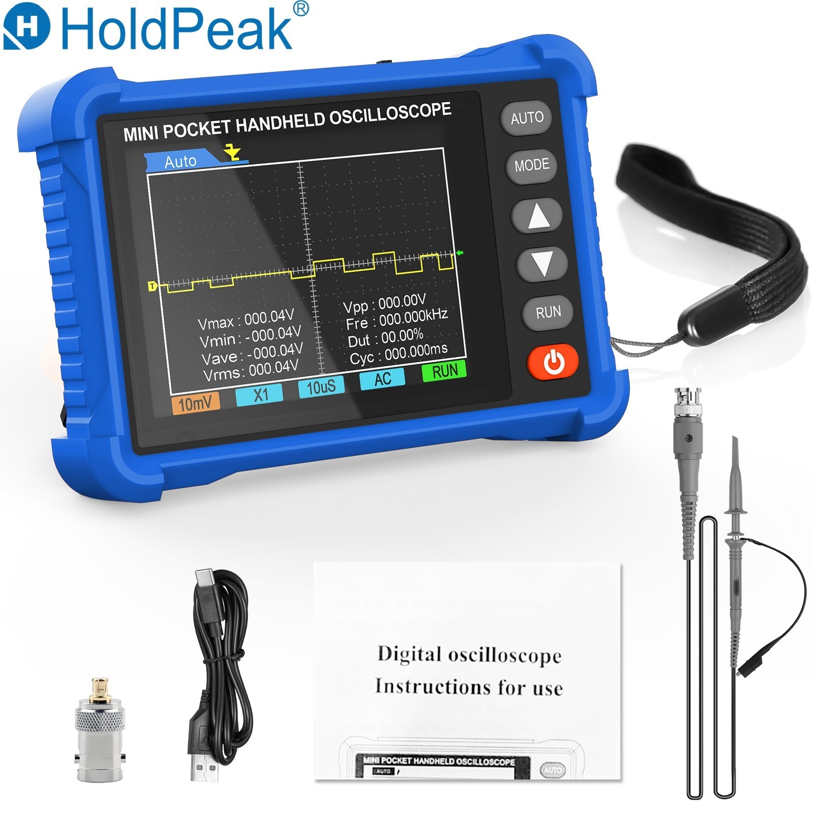 HP-500K Handheld Digital Oscilloscope 500kHz, 2.5MS/s, Portable, Auto, BNC Probe