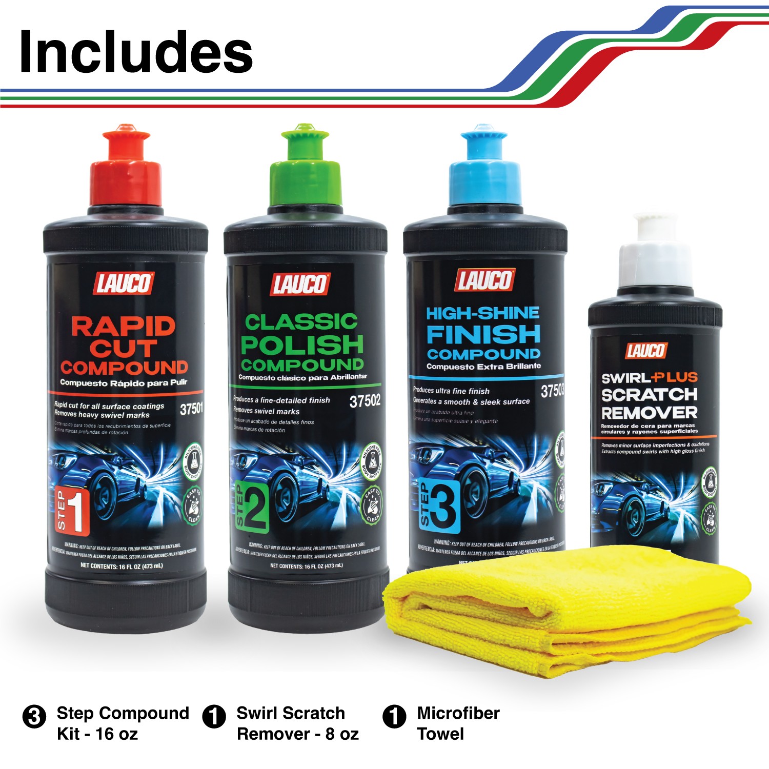 LAUCO Paint Correction Compounds Step 1, 2, 3 – 16oz, Swirl Remover 8oz Kits