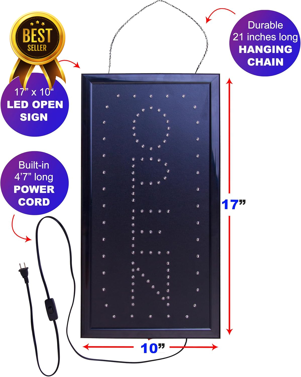 Vertical LED Open Sign with Flashing Mode Business Hours Open Closed Display