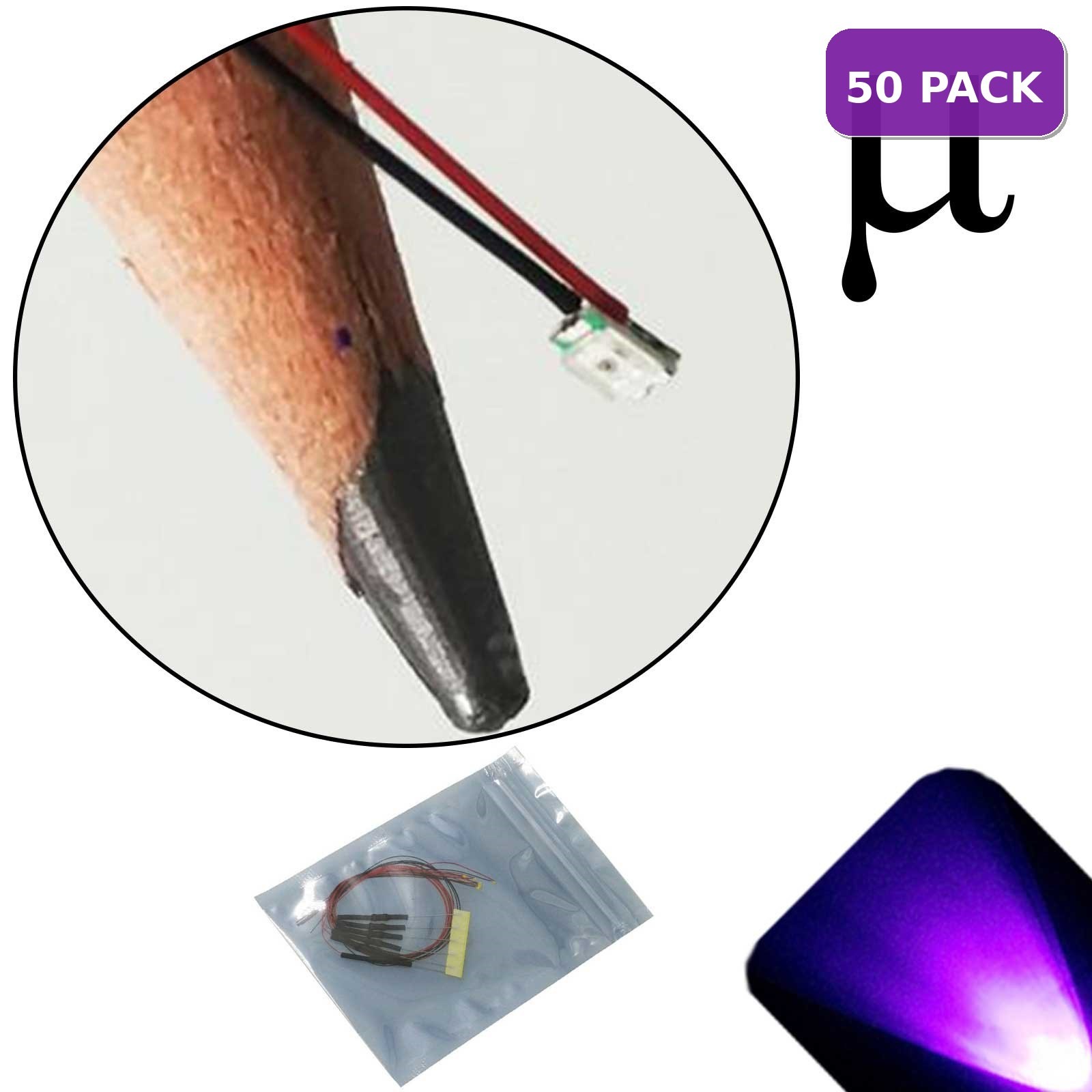 50 x 12v 0805 2012 UV Purple Micro SMD LED Pre-Wired Light Soldered Lead 9v 18v