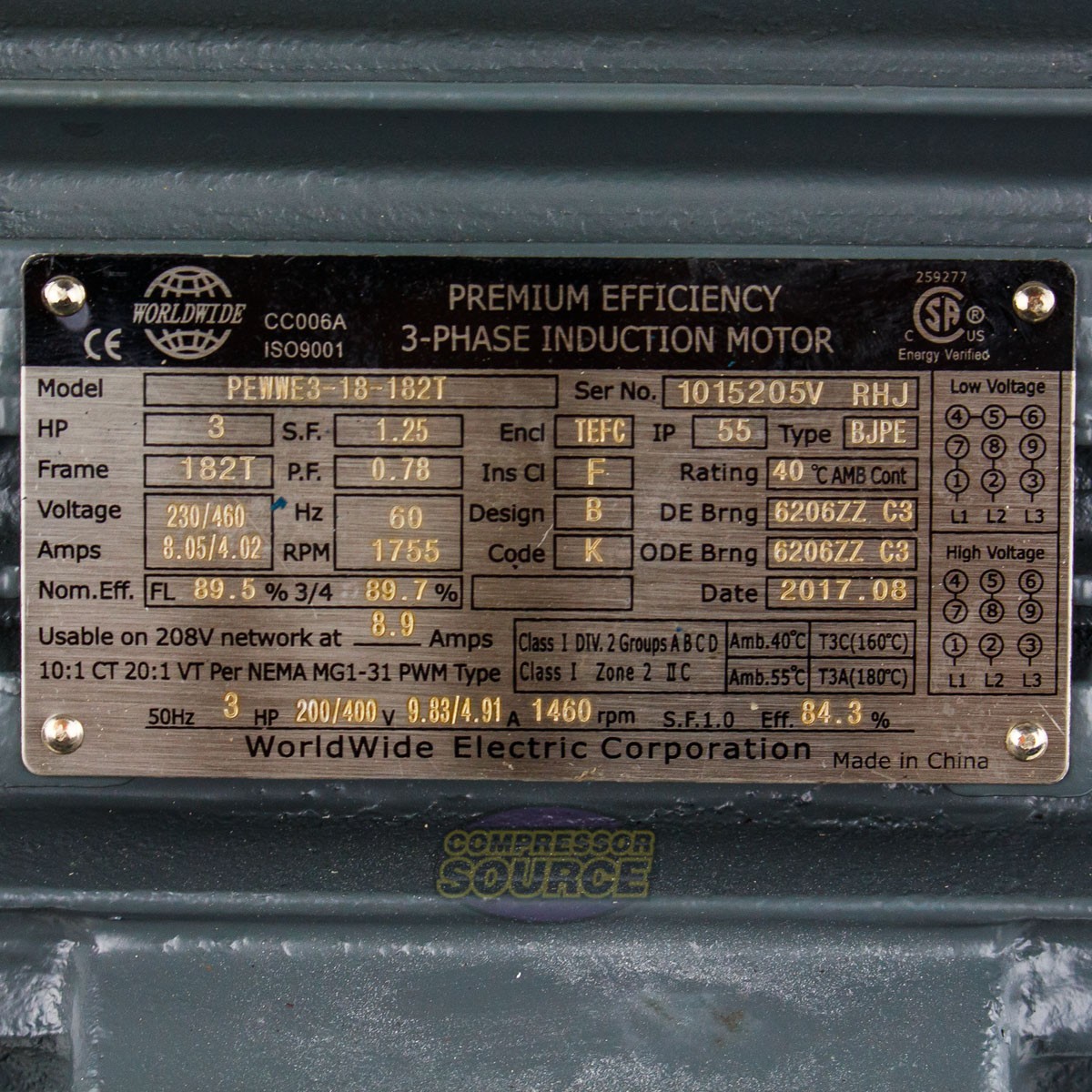 3 HP 3 Phase Electric Motor 1800 RPM 182T Frame TEFC 230/460V Premium Efficiency