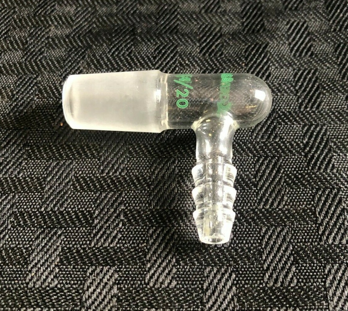Chemglass 14/20 90° Bent Glass Inlet Adapter w/ 10mm Hose Connection, CG-1014-14