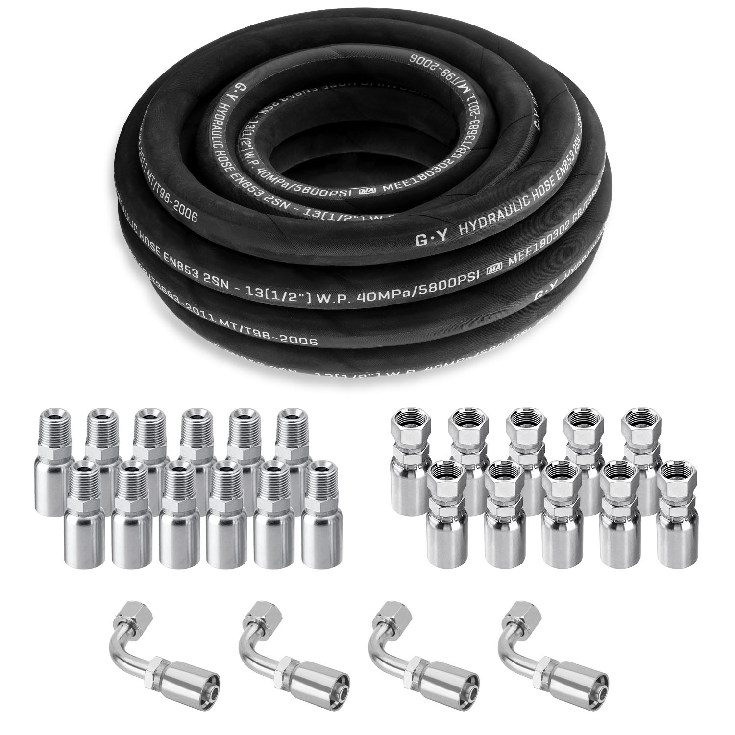 100 Feet 1/2″ HYDRAULIC HOSE WITH 24 FITTINGS TWO WIRE HOSE 40MPa / 5800 PSI NEW