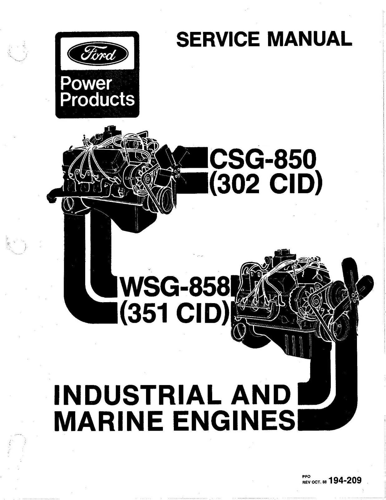 302 351 Industrial & Marine Engine Service Manual Fits Ford CSG-850 WSG-858 CID