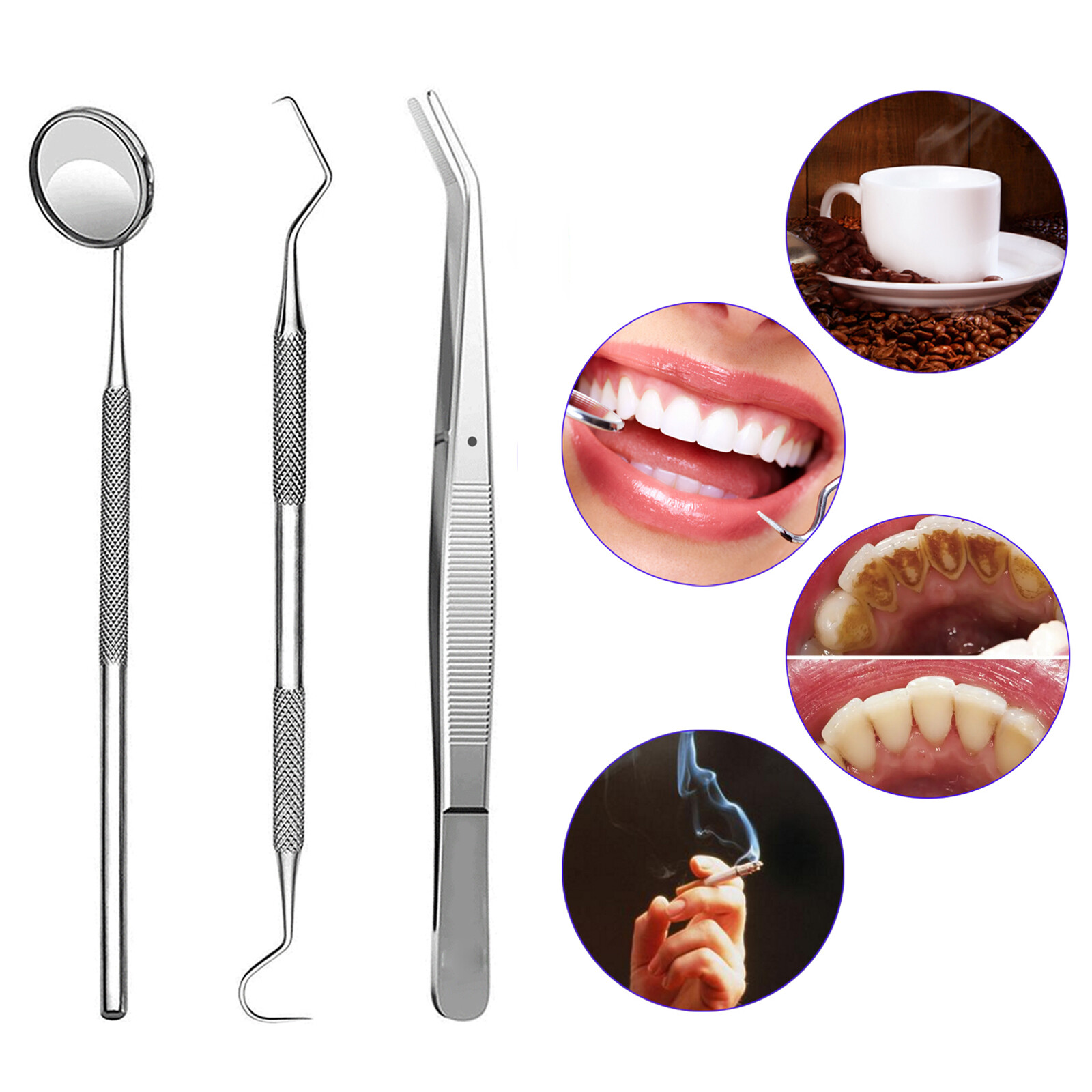 3 Pcs Dental Examination Kit Basic Hygiene Tweezer Mirror Explorer Cleaning Tool
