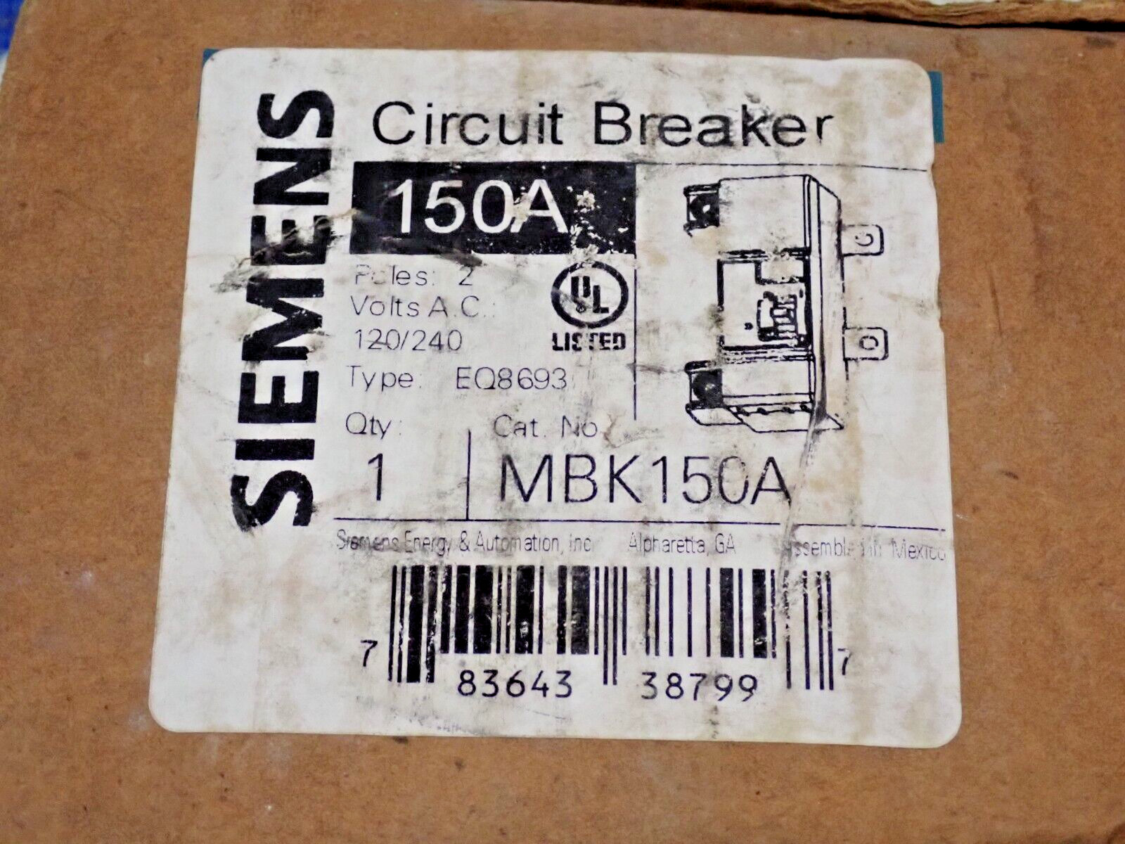 NEW – Siemens MBK150A 150 Amp 120/240 VAC 2 Pole Type EQ8693 Circuit Breaker