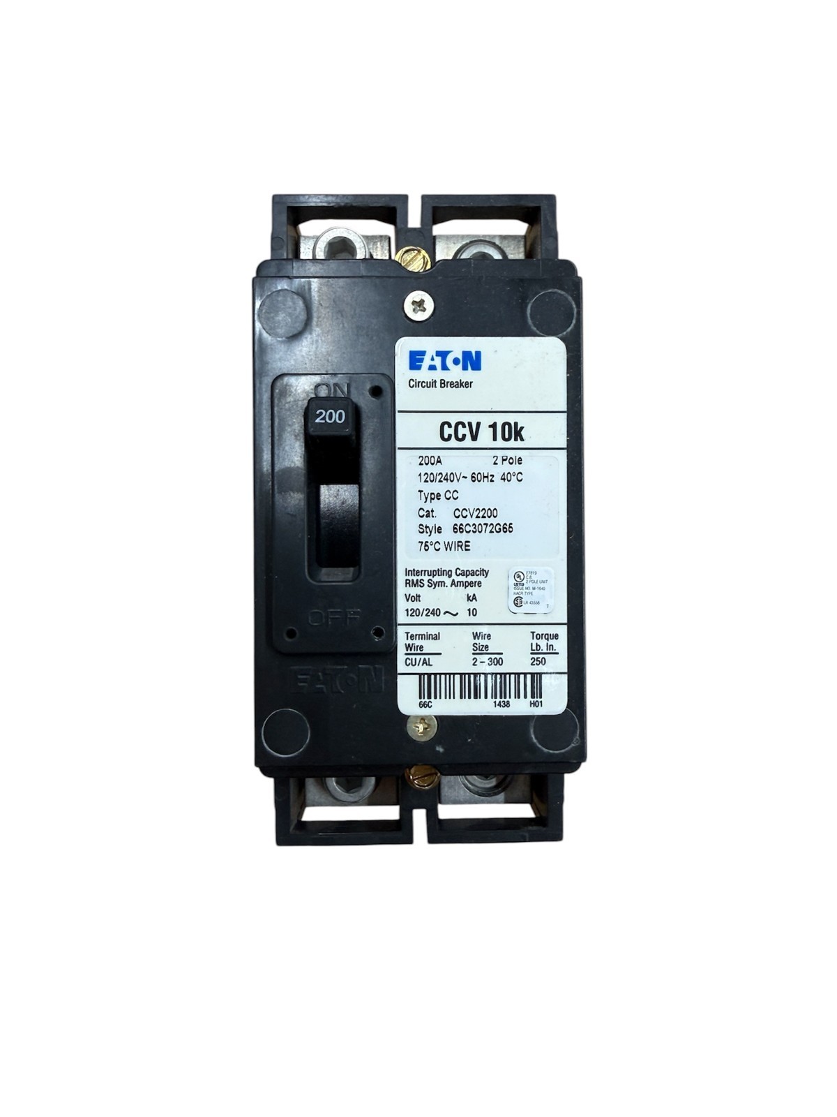 Eaton CCV2200 200 Amp 2-Pole Main Circuit Breaker 10kA Type CCV Tenant Main
