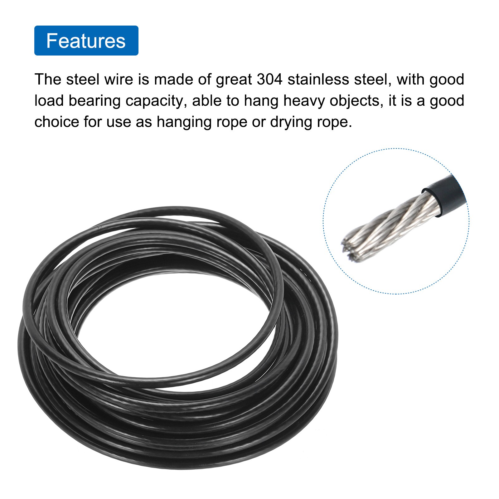 33Ft(10M) Wire Rope 304 Stainless Steel 1/4″ (6 mm) with 2pcs Chuck Black