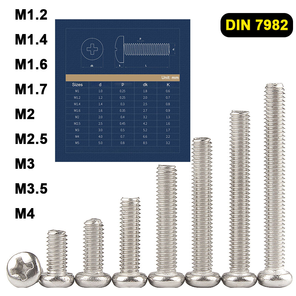 M1.2-M4 Phillips Pan Head Machine Screws Bolts Nickel Plated Steel DIN 7985