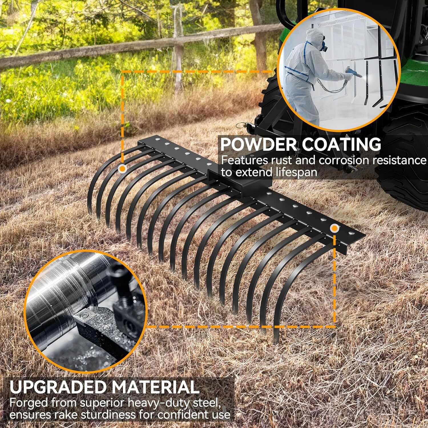 48″ Tractor Rake with 2″ Receiver 17 Steel Tines for Lawn Tractors ATVs / UTVs