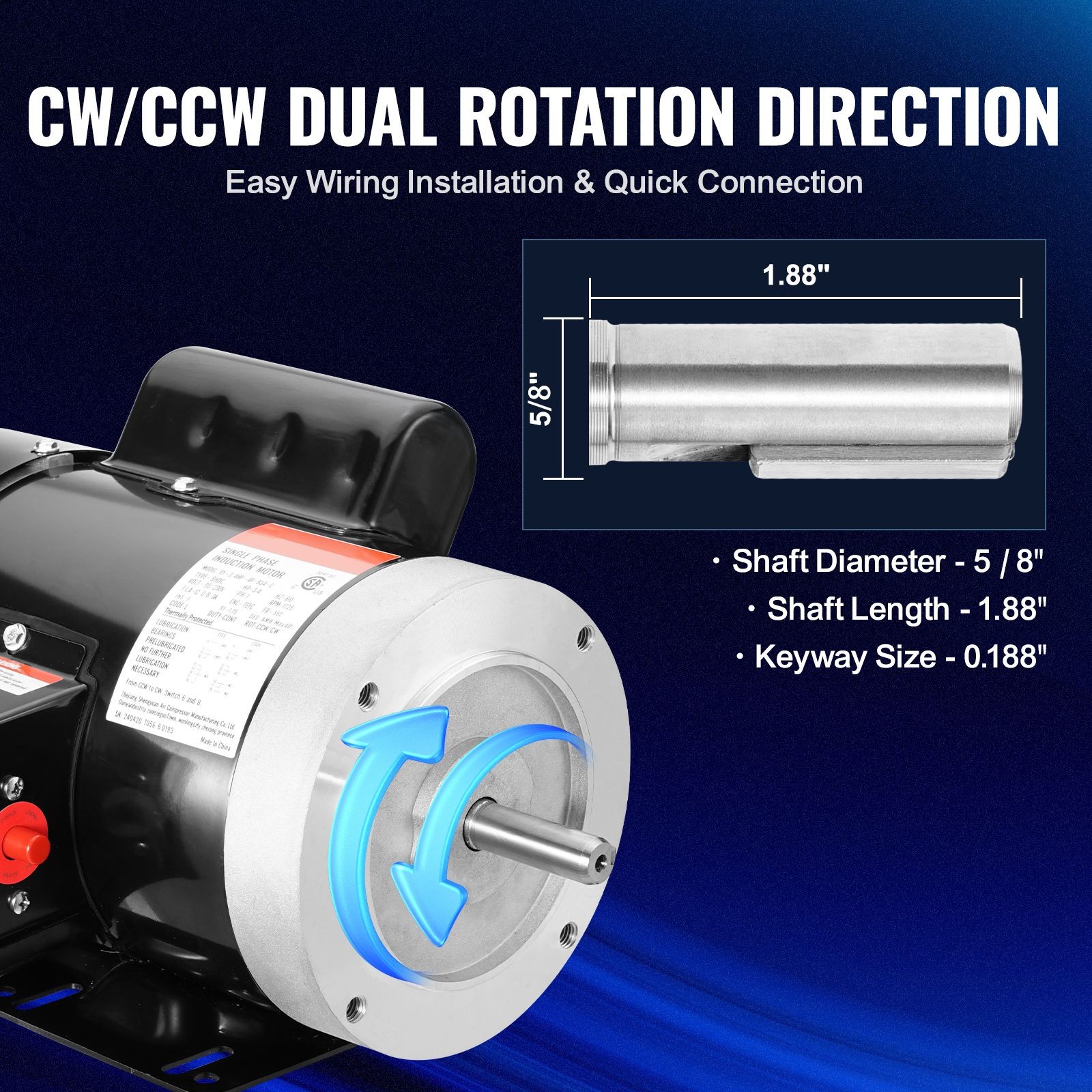 0.75HP Electric Motor 1725 rpm,AC 115V/230V,56C Frame,Air Compressor Motor