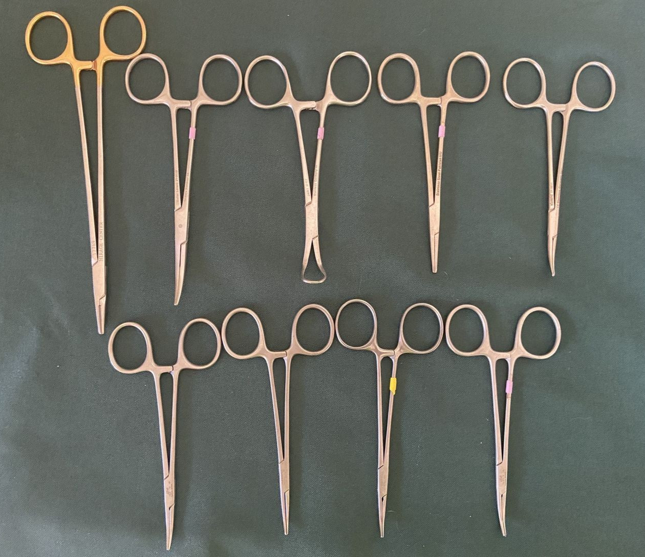 9 Used Medical Forceps 1 Gold Handle Lorenz H&H Co KLS Curved Straight Stainless