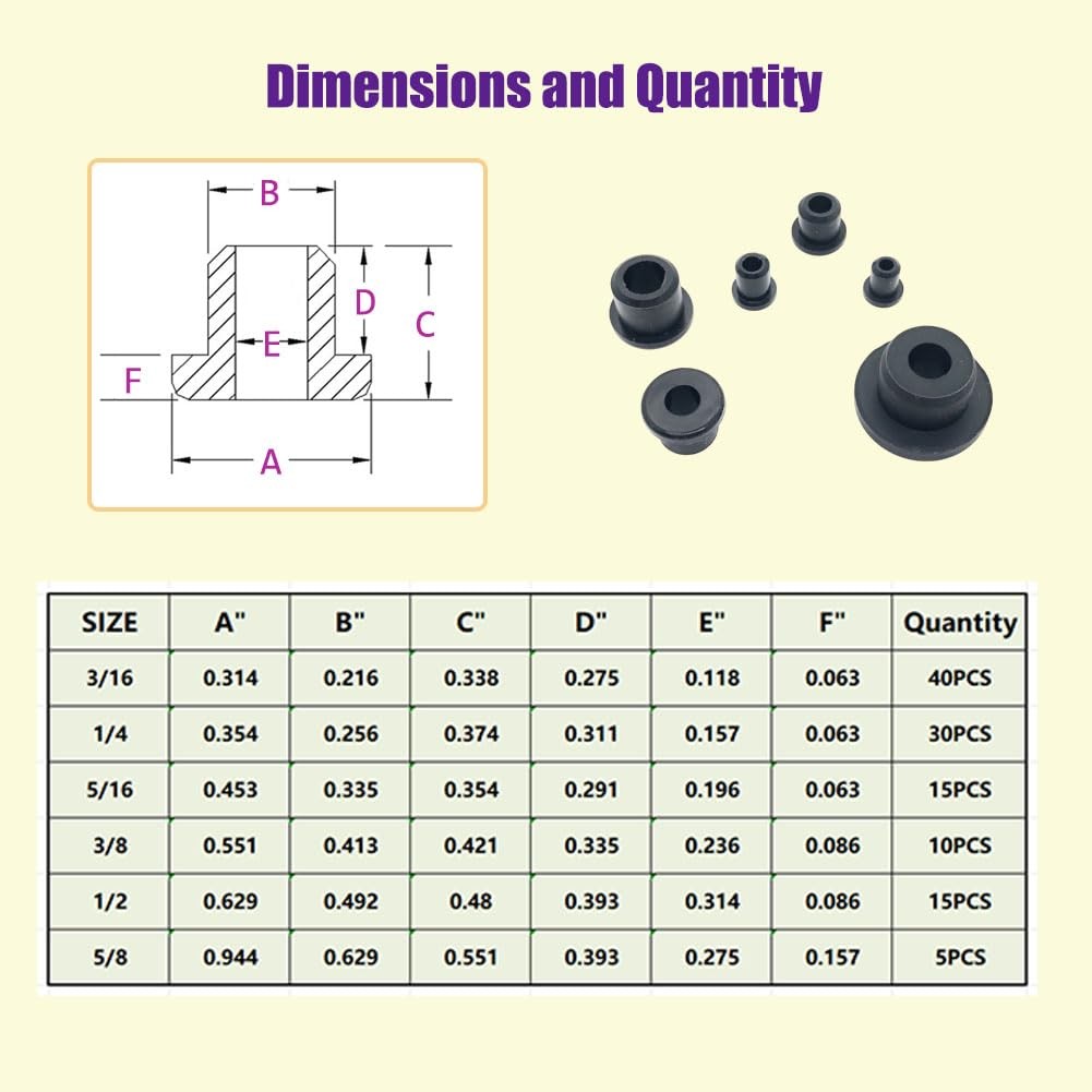 115PCS T-Type Silicone Rubber Grommets kit 6 Size for Wiring Automotive (115)