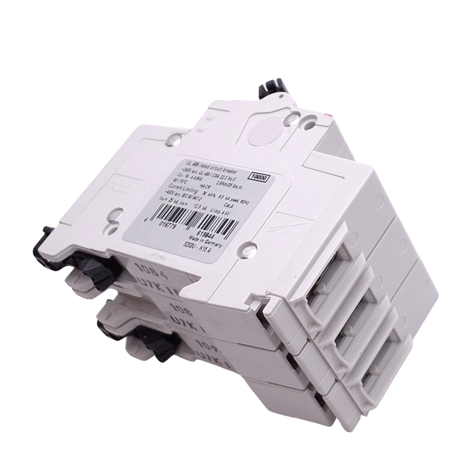 ABB S203U-K15A Circuit Breaker, 3-Pole 15A, 240VAC Max, DIN Rail Mount