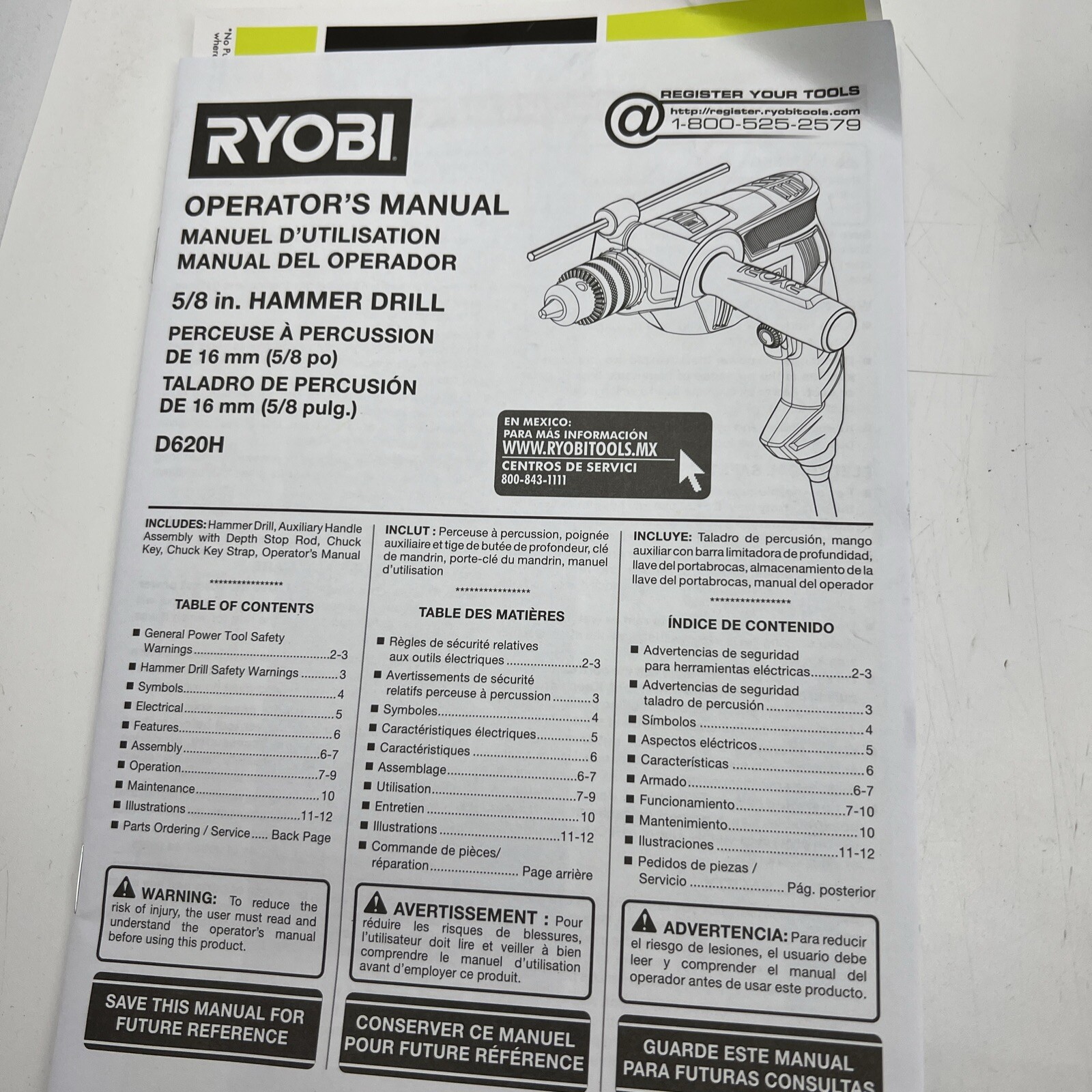 Ryobi D620H 6.2 Amp 1/2″ Variable Speed Hammer Drill – Powerful & Durable (OB)