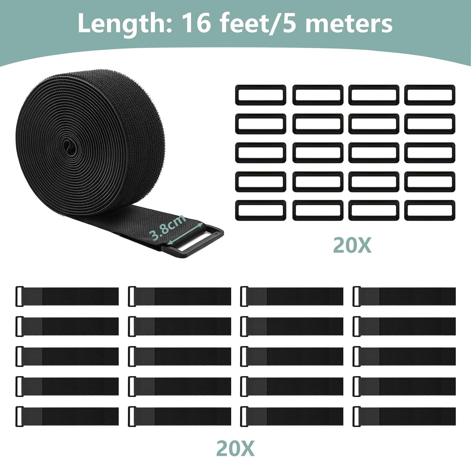 Heavy Duty Nylon Cinch Straps 1.5In x 16Ft with 20 Buckles Reusable Cable Ties