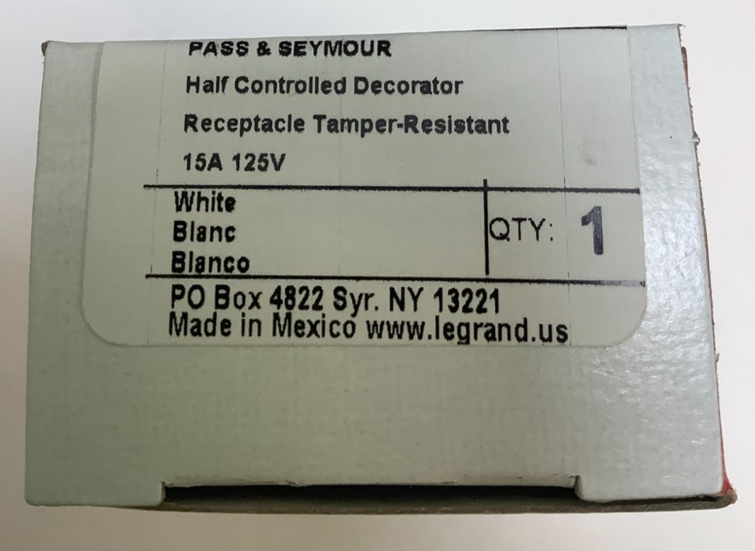Legrand TR26262CHW Half Controlled Decorator Receptacle, 15A, White, Case of 10