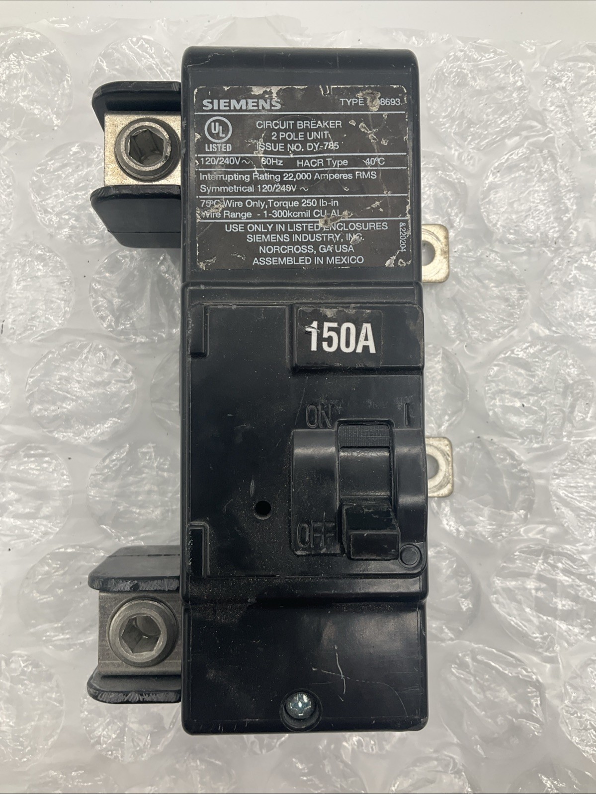 Siemens MBK150A Circuit Breaker 150 Amp, Type EQ8693, 2-Pole, 120/240V, 22kA