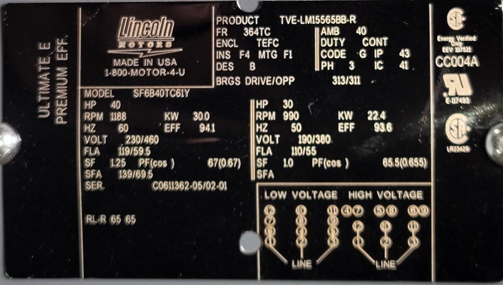LINCOLN 40 HP 1200 RPM TEFC 230/460V 364TC FOOTED 3 PHASE MOTOR LM15565-