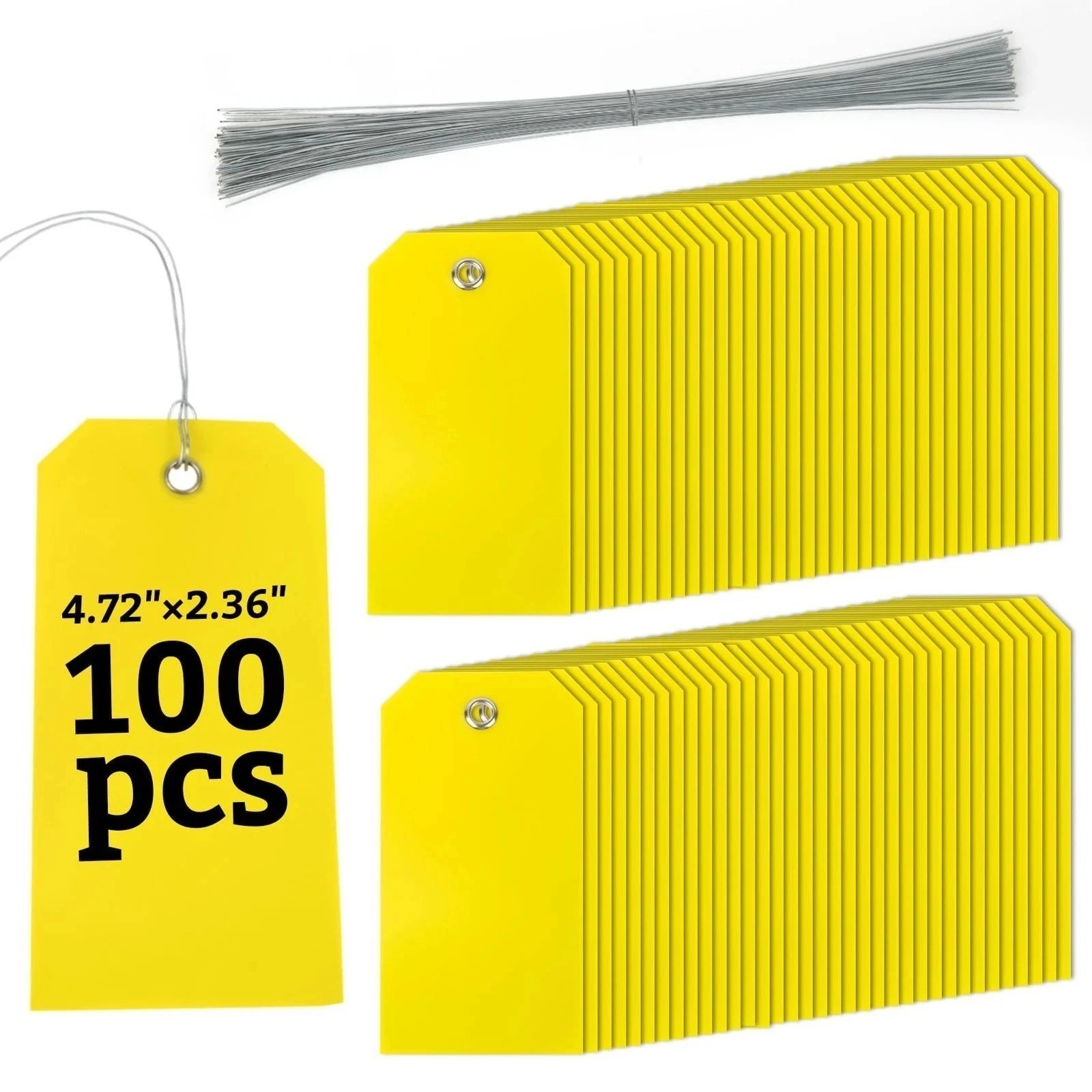 100 Yellow Waterproof Plastic Hang Tags Blank Shipping Labels w/Wire