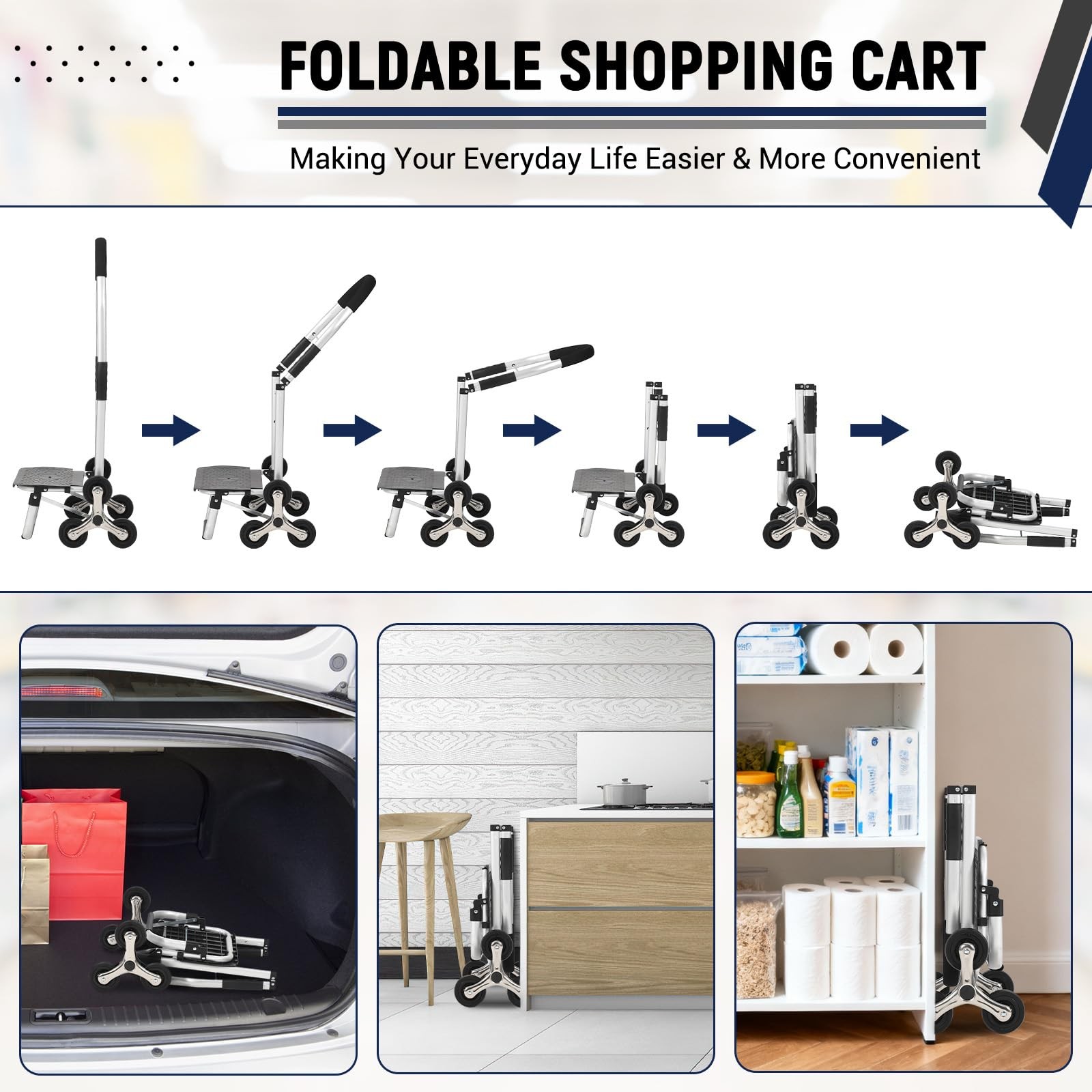 Folding Shopping Cart w/ 56L Removable Bag 150LB Stair Climbing Utility Cart