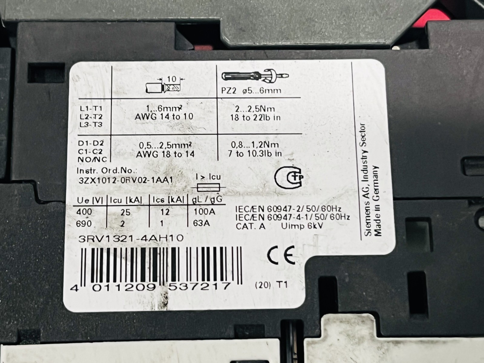 Siemens F-DS1e-x 2,4-16 A 3RV1321-4AH10 Manual Motor Starter Untested Lot of 2