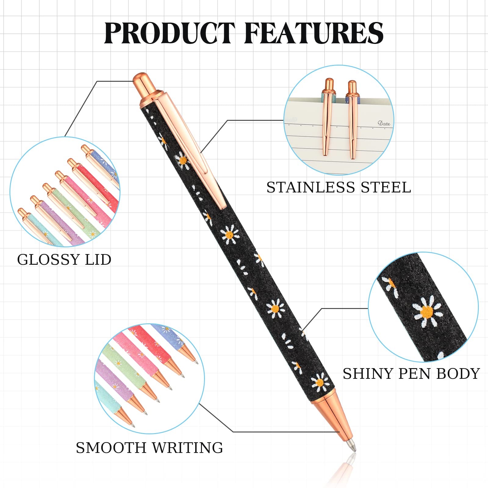 16 Pcs Fancy Pens for Women Glitter Pretty Cute Daisy Pens Sparkly Retractabl…