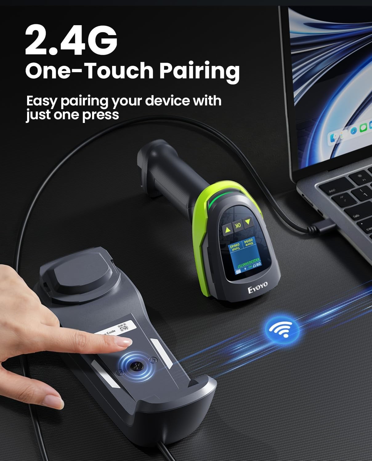 Eyoyo 2D QR Code POS Barcode Scanner Wireless with Screen,Wall-Mount & 2900mAh