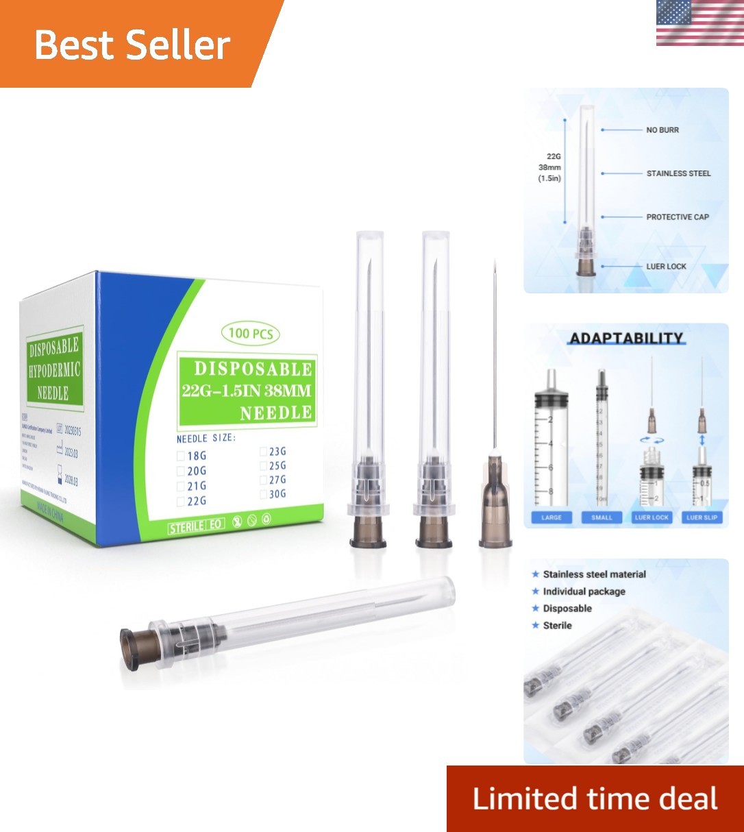 Individually Wrapped 22Ga 1.5IN Disposable Needles for Laboratory and Industry