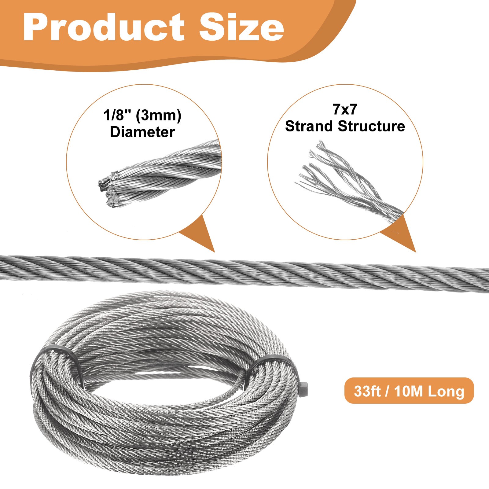 33ft (10M) 3mm Stainless Steel Wire Rope 7×7 Strand with 20pcs Loop Sleeves
