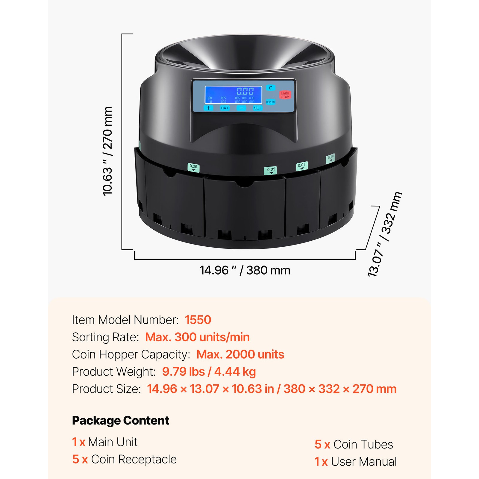 VEVOR USD Coin Sorter Coin Counter Wrapper and Roller 300 Coins/min LCD Display