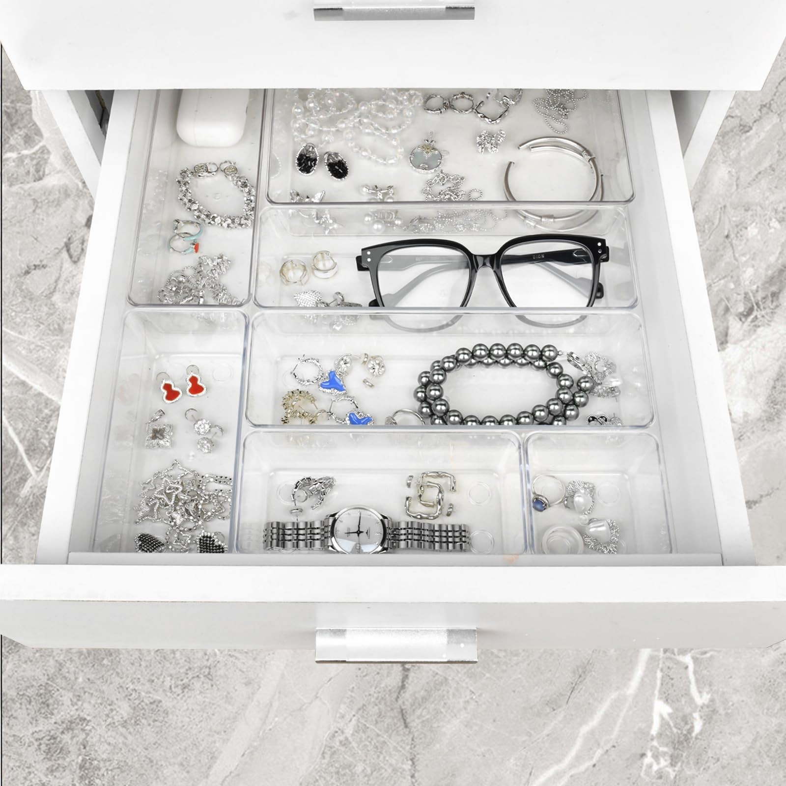 15 Piece Clear Drawer Organizer Set 4 Size Plastic Storage Bins for Desk Kitchen