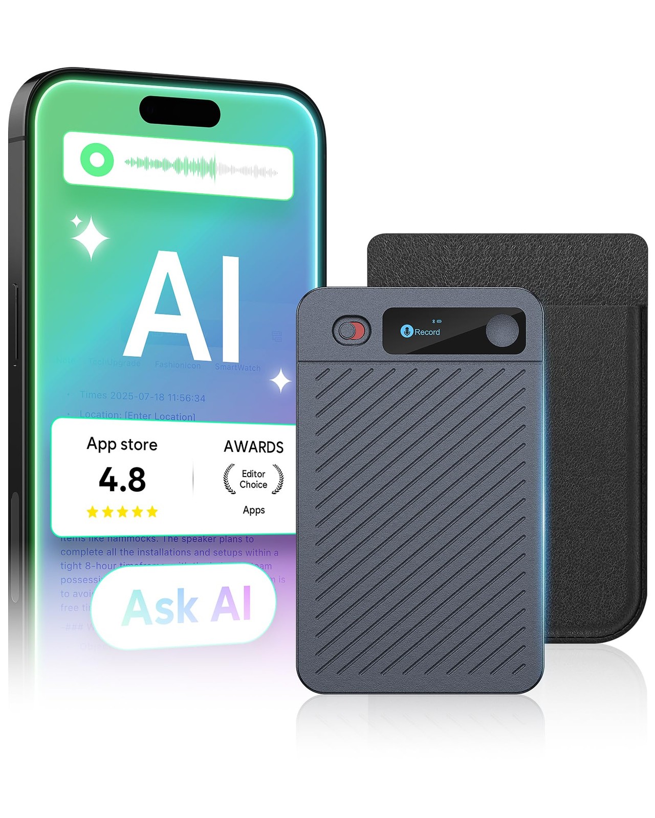 AI Voice Recorder, 64GB Note Taking Device w/Magnetic Case, App Control, AI T…