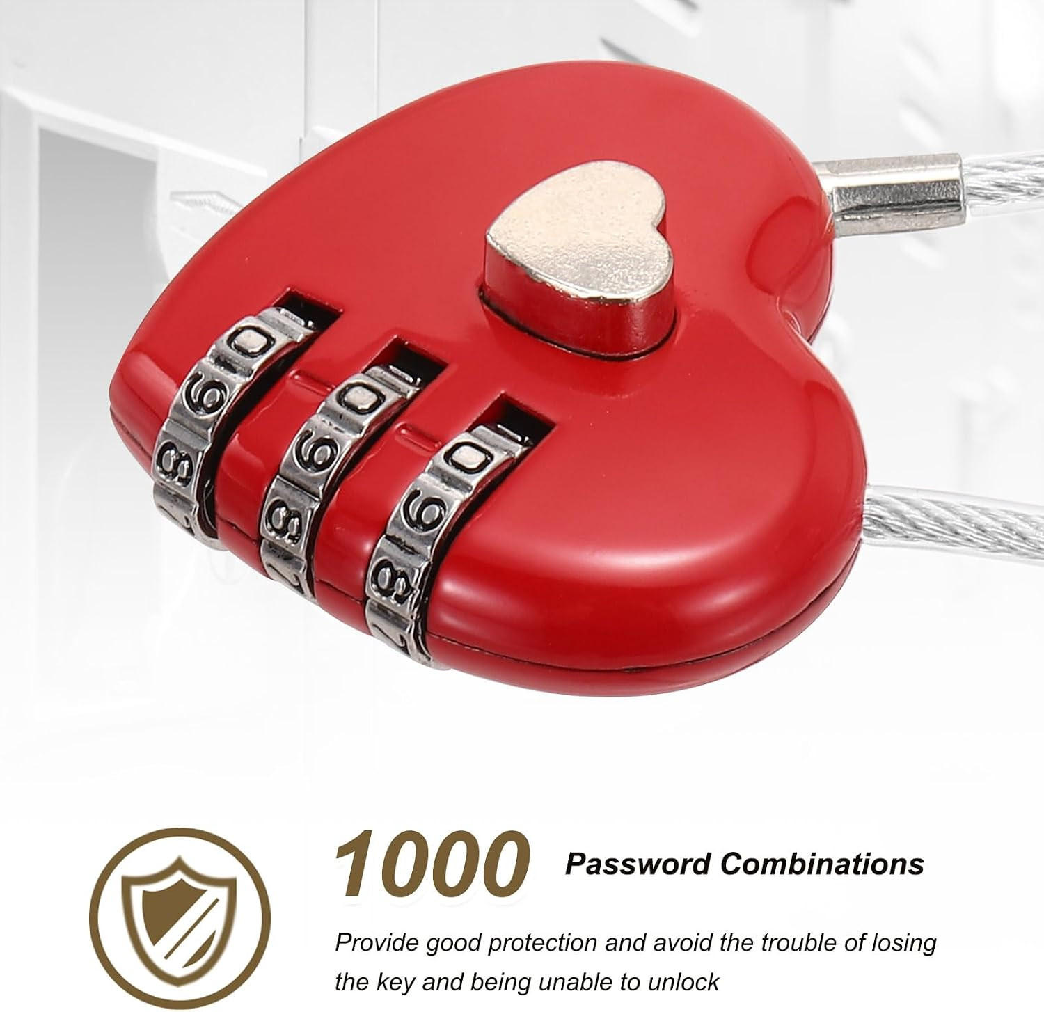 2-Pack Combo Padlock Heart 3-Digit Password, Red | Zinc Alloy Cable