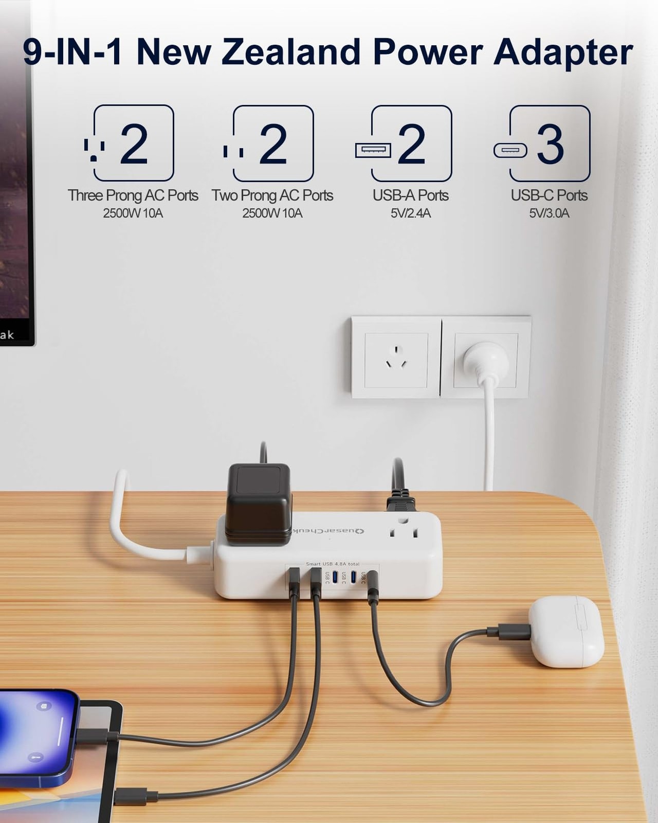Australia Plug Adapter, New Zealand Power Adapter, Type I Plug Adapter, 4FT