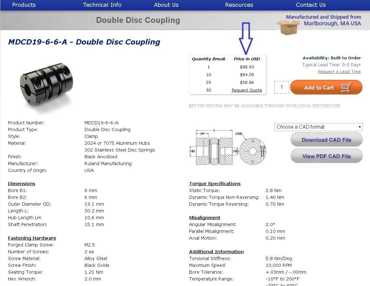 Ruland Stainless Steel 6mm Double Disk Rigid Shaft Coupling MDCD19-6-6-SS