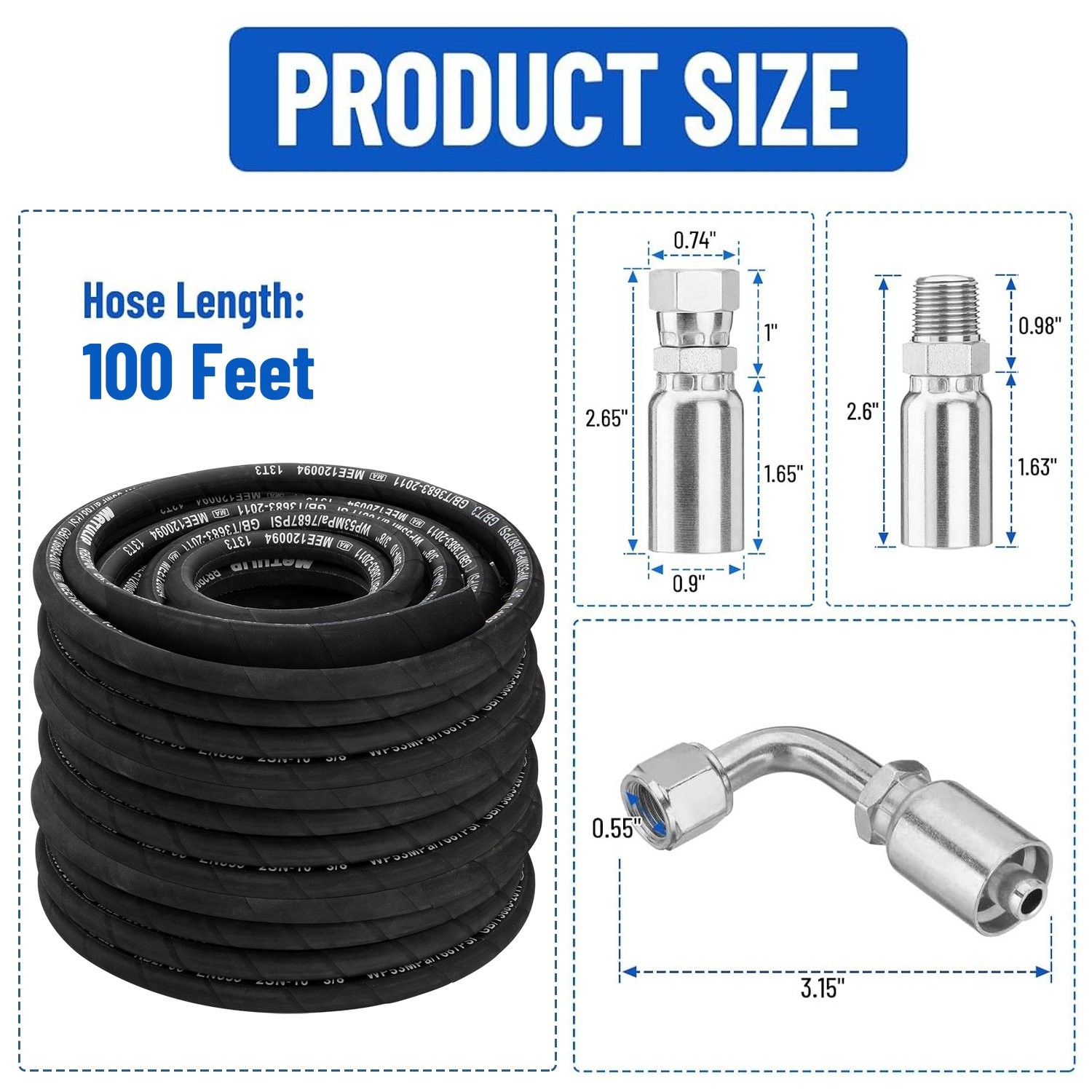 50FT 3/8″ Hydraulic Hose with 16PCS Hydraulic Hose Fittings, 2-Wire Braided Tube
