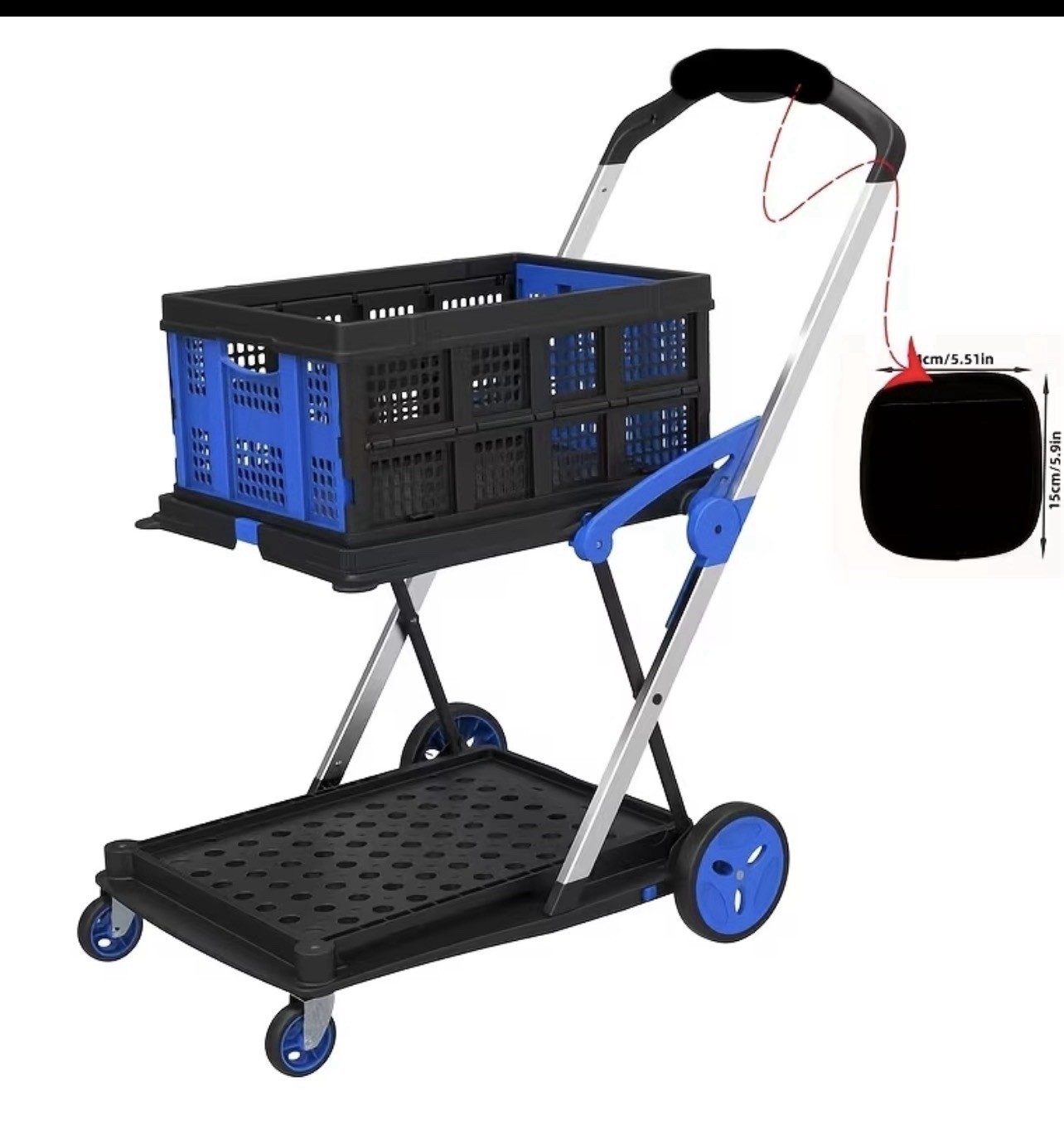Folding Utility Cart Platform Truck w/ Removable Crate Basket, Black/Blue