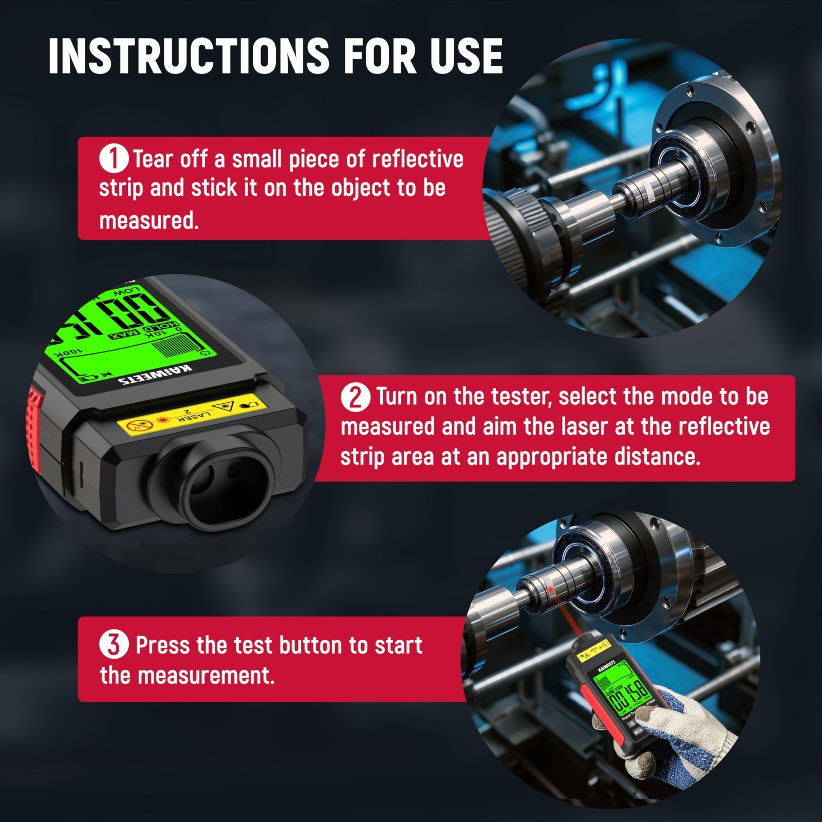High Accuracy Non-Contact Laser RPM Tachometer, LCD Backlight, Data Hold, 10-999