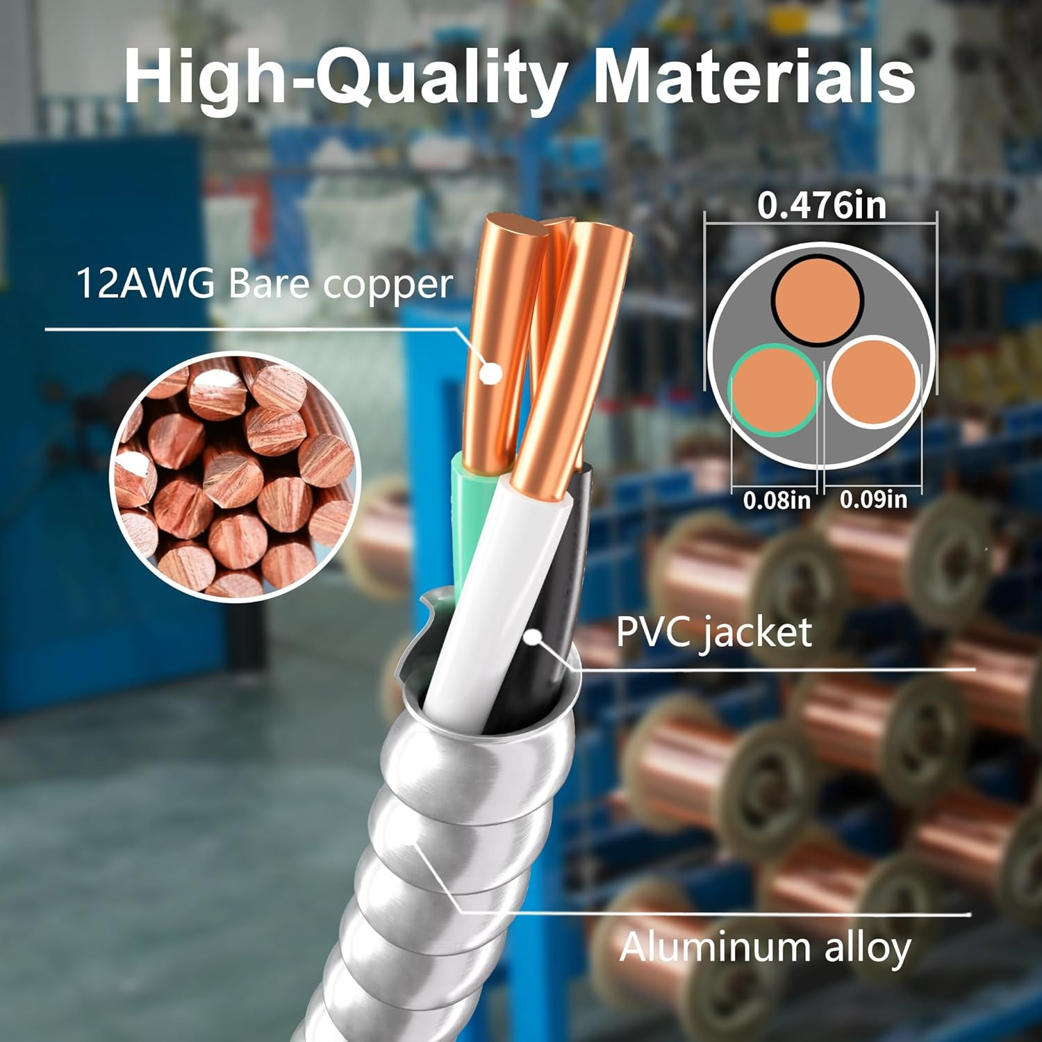100 Ft 12/2 MC Cable with Ground, Aluminum Armor, UL Listed, Indoor/Outdoor